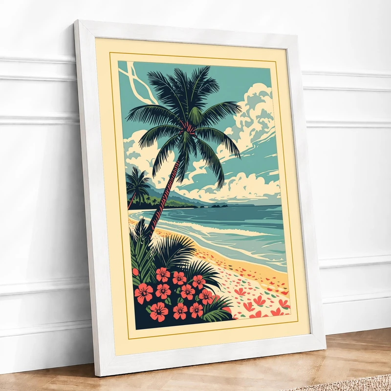 Tropical Paradise Vintage Framed Wall Art Print A1 (84.1×59.4cm) White, Wall Decor for Living Room, Bedroom, Office & Home, Ready to Hang, Art Gift