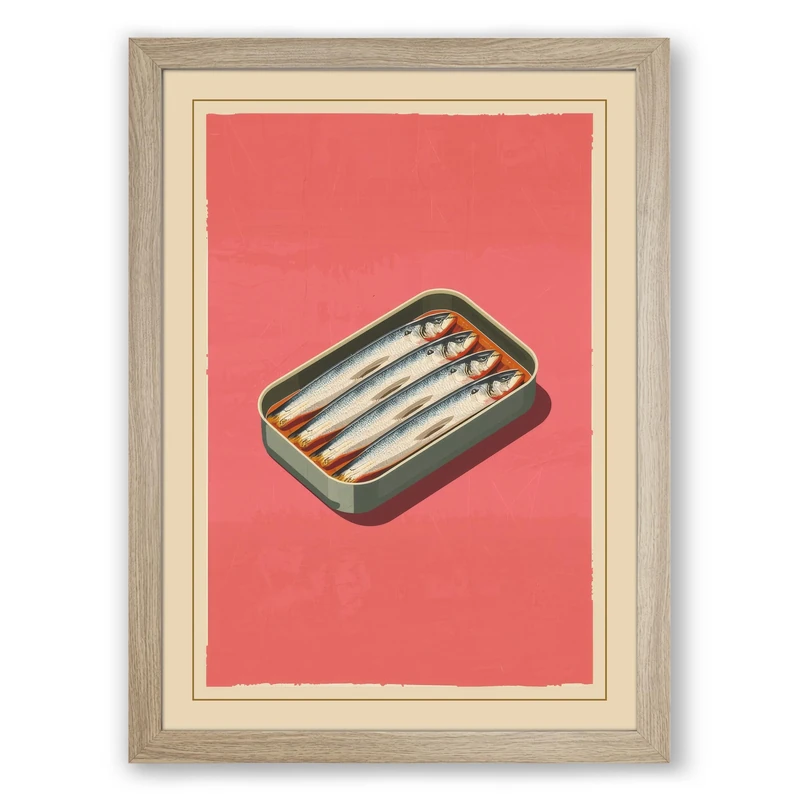 Sardine Tin Study Vintage Framed Wall Art Print A1 (84.1×59.4cm) Oak, Wall Decor for Living Room, Bedroom, Office & Home, Ready to Hang, Art Gift