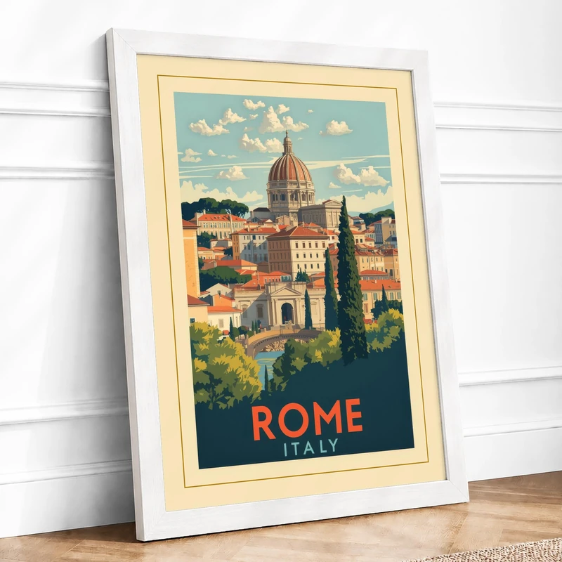 Postcard from Rome Vintage Framed Wall Art Print A1 (84.1×59.4cm) White, Wall Decor for Living Room, Bedroom, Office & Home, Ready to Hang, Art Gift