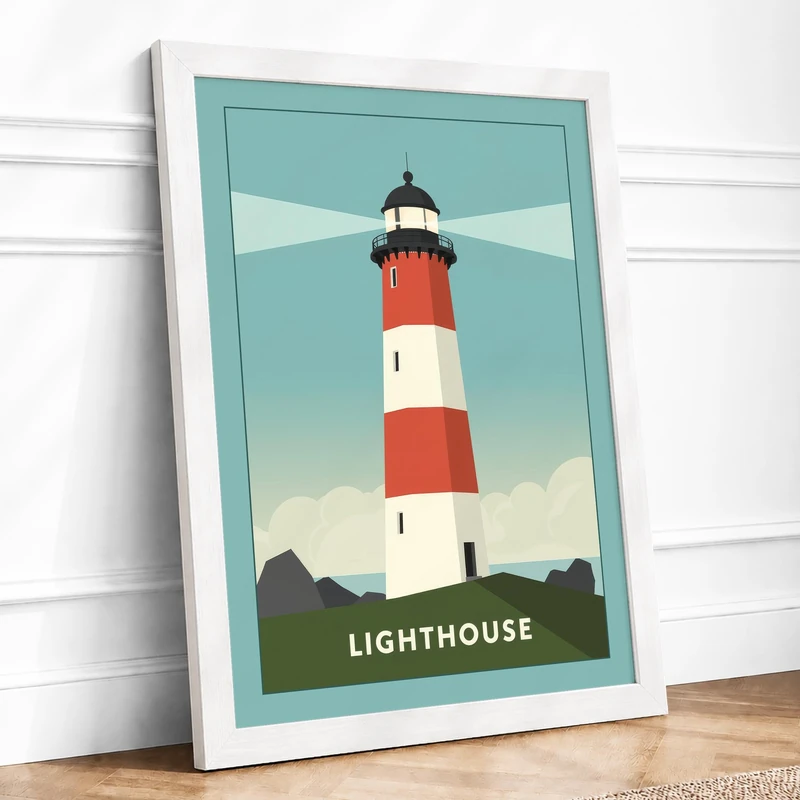 Iconic Lighthouse Retro Framed Wall Art Print A1 White