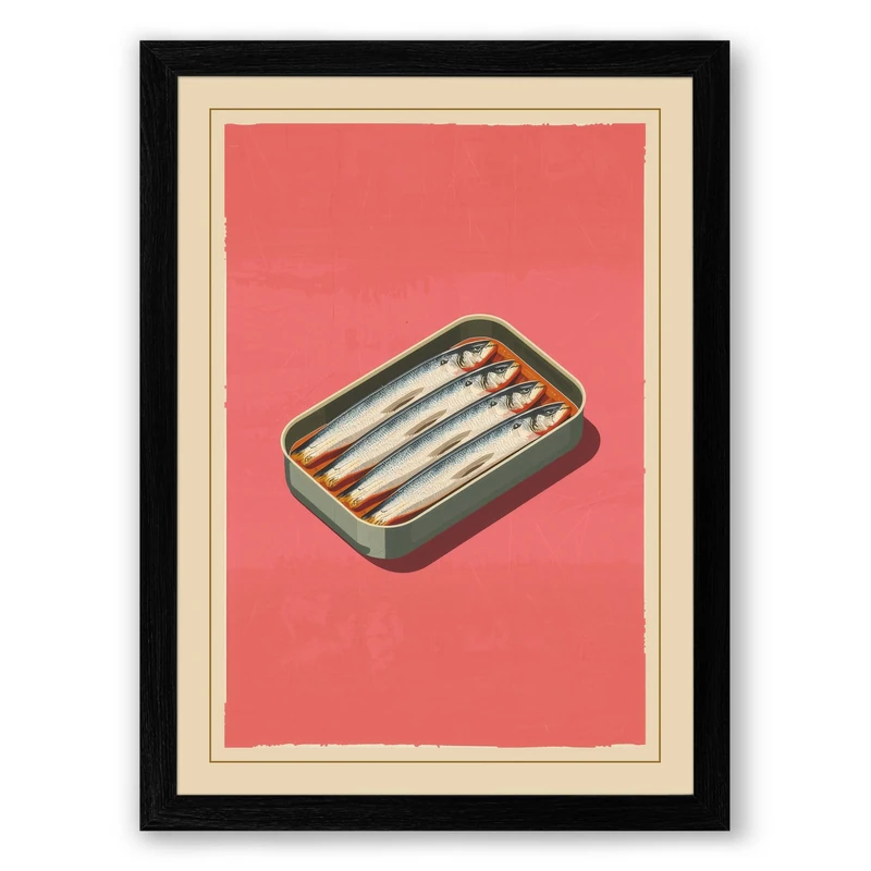 Sardine Tin Study Vintage Framed Wall Art Print A1 (84.1×59.4cm) Black, Wall Decor for Living Room, Bedroom, Office & Home, Ready to Hang, Art Gift