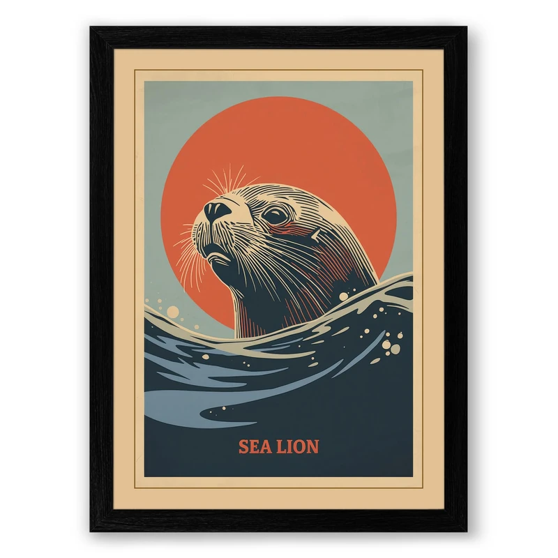 Sea Lion Rising Vintage Framed Wall Art Print A1 (84.1×59.4cm) Black, Wall Decor for Living Room, Bedroom, Office & Home, Ready to Hang, Art Gift