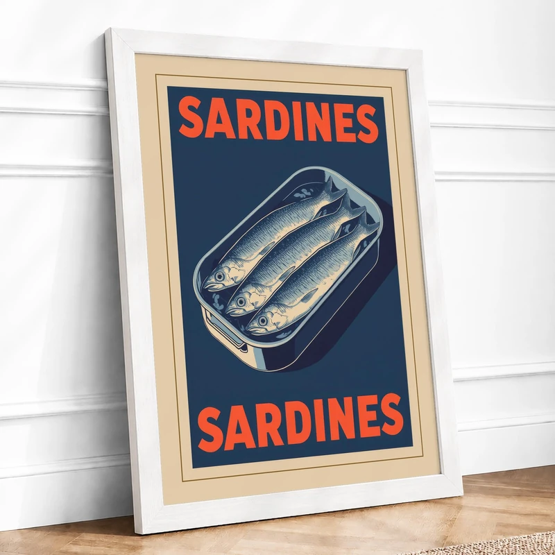 Sardines Poster Vintage Framed Wall Art Print A1 (84.1×59.4cm) White, Wall Decor for Living Room, Bedroom, Office & Home, Ready to Hang, Art Gift - Image 1