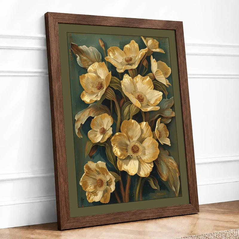 Golden Tulips Study Botanical Framed Wall Art Print A1 (84.1×59.4cm) Walnut, Wall Decor for Living Room, Bedroom, Office & Home, Ready to Hang, Art Gift - Image 1