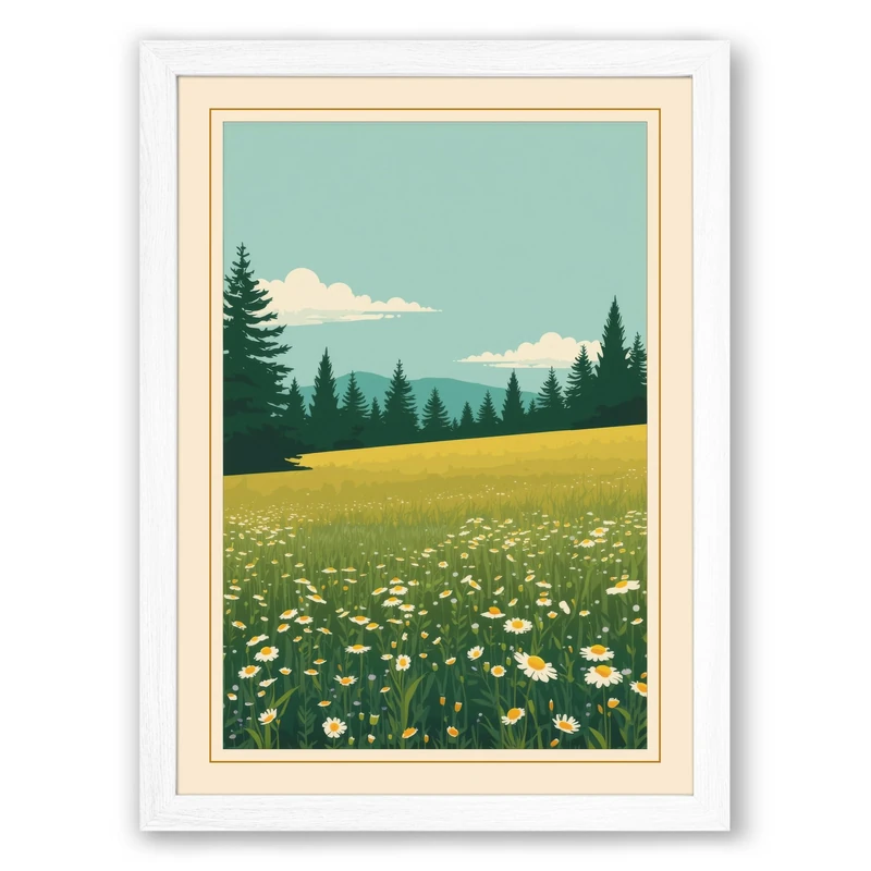 Wildflower Meadow Vintage Framed Wall Art Print A1 (84.1×59.4cm) White, Wall Decor for Living Room, Bedroom, Office & Home, Ready to Hang, Art Gift