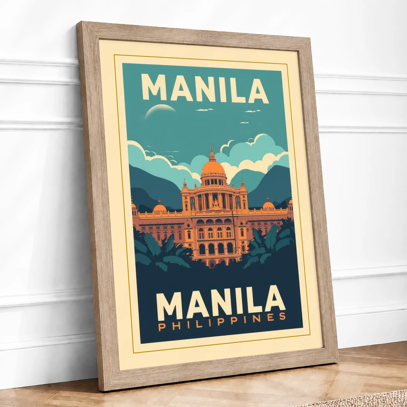 Postcard from Manila Vintage Framed Wall Art Print A1 (84.1×59.4cm) Oak, Wall Decor for Living Room, Bedroom, Office & Home, Ready to Hang, Art Gift