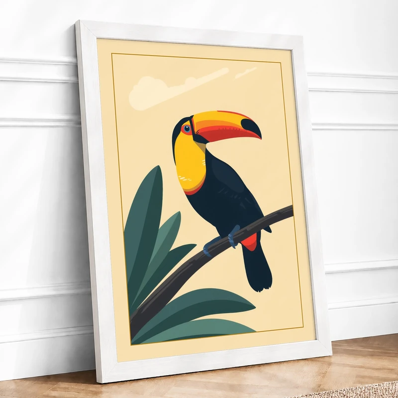 Toucan on Branch Tropical Framed Wall Art Print A1 (84.1×59.4cm) White, Wall Decor for Living Room, Bedroom, Office & Home, Ready to Hang, Art Gift