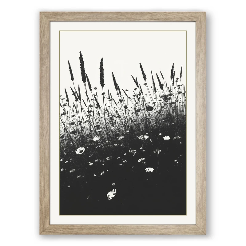 Wildflower Field Minimalist Framed Wall Art Print A1 (84.1×59.4cm) Oak, Wall Decor for Living Room, Bedroom, Office & Home, Ready to Hang, Art Gift