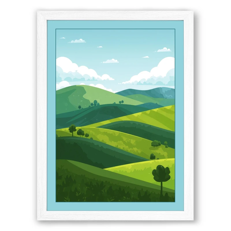 Rolling Green Landscape Modern Framed Wall Art Print A1 (84.1×59.4cm) White, Wall Decor for Living Room, Bedroom, Office & Home, Ready to Hang, Art Gift - Image 1