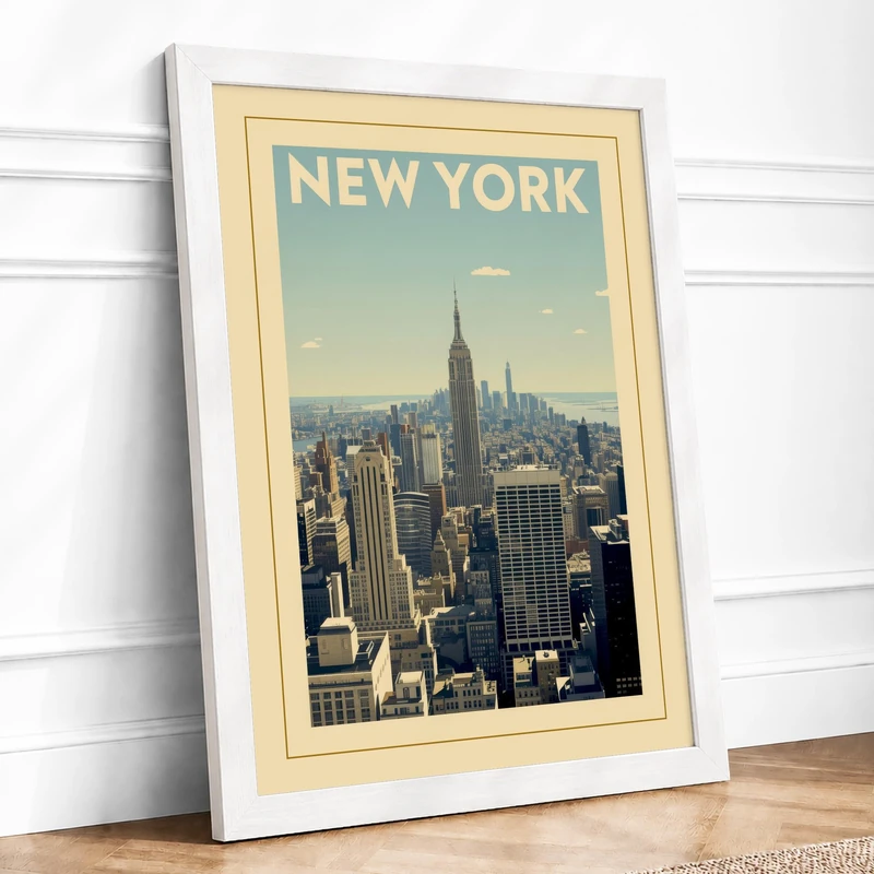 Postcard from New York Vintage Framed Wall Art Print A1 (84.1×59.4cm) White, Wall Decor for Living Room, Bedroom, Office & Home, Ready to Hang, Art Gift - Image 1