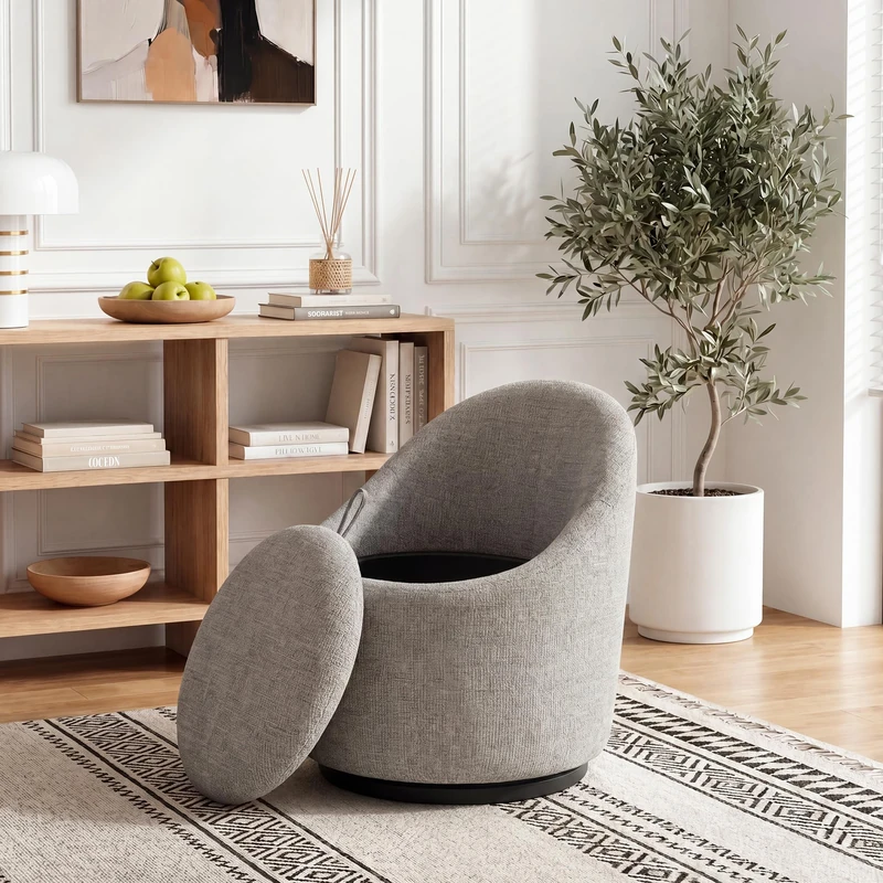 Barrel Swivel Accent Chair with Hidden Storage, 360° Rotating Lounge Chair, Upholstered Breathable Fabric, High Density Foam Seat, Modern Round Armchair for Living Room Bedroom,Light Grey