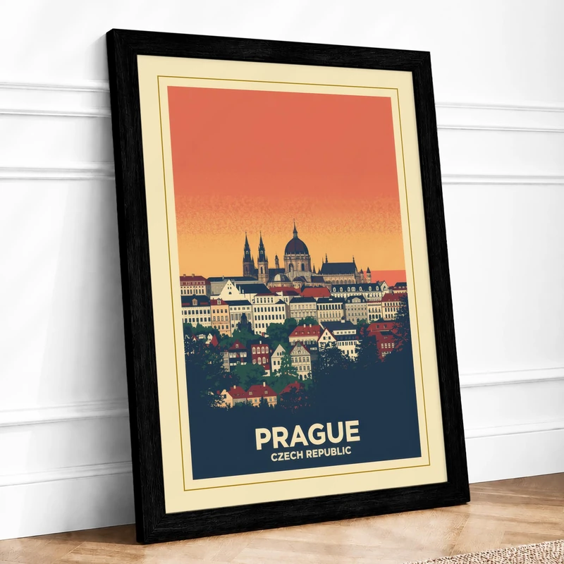 Postcard from Prague Vintage Framed Wall Art Print A1 (84.1×59.4cm) Black, Wall Decor for Living Room, Bedroom, Office & Home, Ready to Hang, Art Gift
