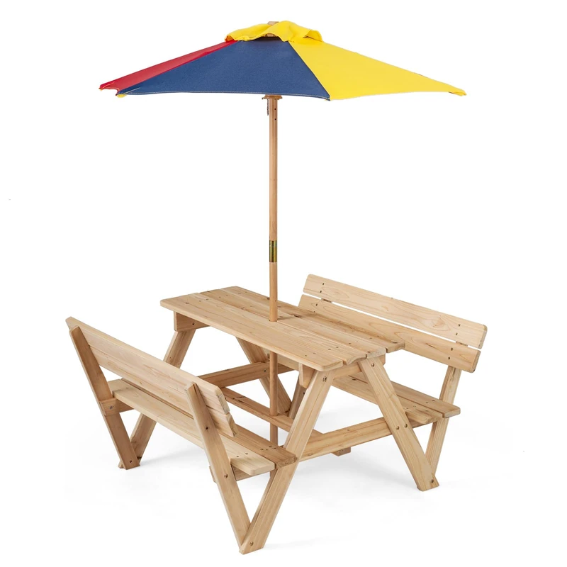 GYMAX Kids Picnic Table, Wooden Children Garden Table and Bench Set with Removable Umbrella, Outdoor Toddler Furniture Set for Boys Girls (Colorful+Natural, 101 x 90 x 53cm)
