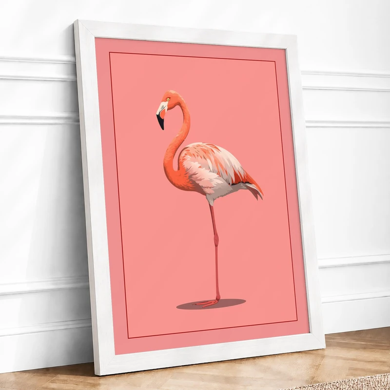 Standing Flamingo Minimalist Framed Wall Art Print A1 (84.1×59.4cm) White, Wall Decor for Living Room, Bedroom, Office & Home, Ready to Hang, Art Gift
