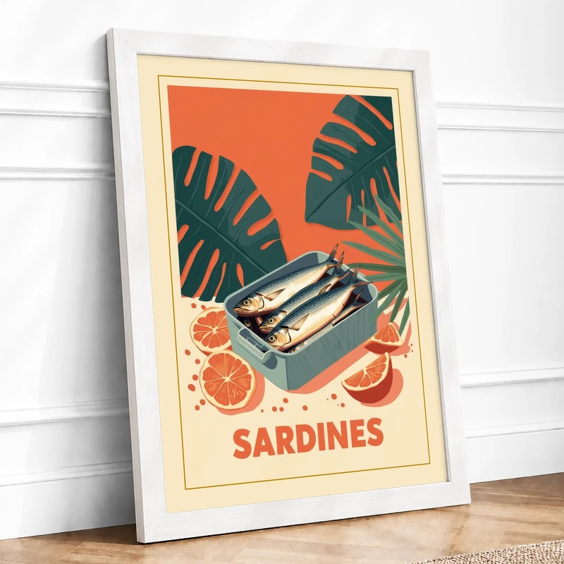 Vintage Sardines Poster Retro Framed Wall Art Print A1 (84.1×59.4cm) White, Wall Decor for Living Room, Bedroom, Office & Home, Ready to Hang, Art Gift