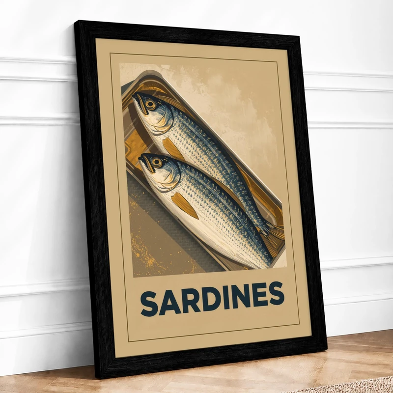 Sardines Vintage Framed Wall Art Print A1 (84.1×59.4cm) Black, Wall Decor for Living Room, Bedroom, Office & Home, Ready to Hang, Art Gift