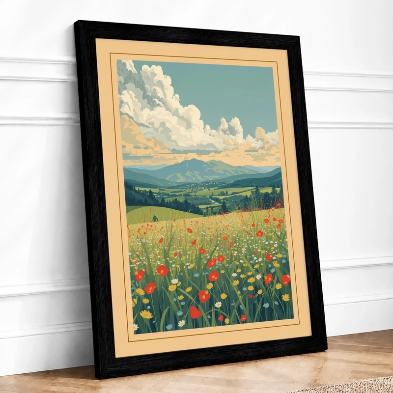 Wildflower Meadow Vintage Framed Wall Art Print A1 (84.1×59.4cm) Black, Wall Decor for Living Room, Bedroom, Office & Home, Ready to Hang, Art Gift