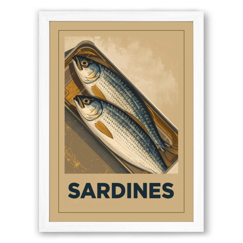 Sardines Vintage Framed Wall Art Print A1 (84.1×59.4cm) White, Wall Decor for Living Room, Bedroom, Office & Home, Ready to Hang, Art Gift
