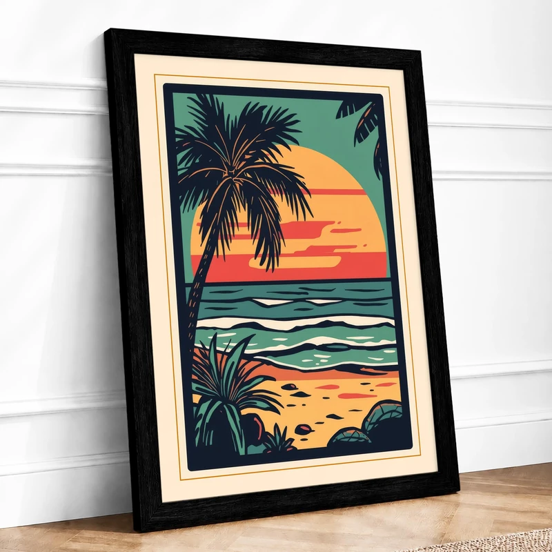 Tropical Seascape at Dusk Coastal Framed Wall Art Print A1 (84.1×59.4cm) Black, Wall Decor for Living Room, Bedroom, Office & Home, Ready to Hang, Art Gift
