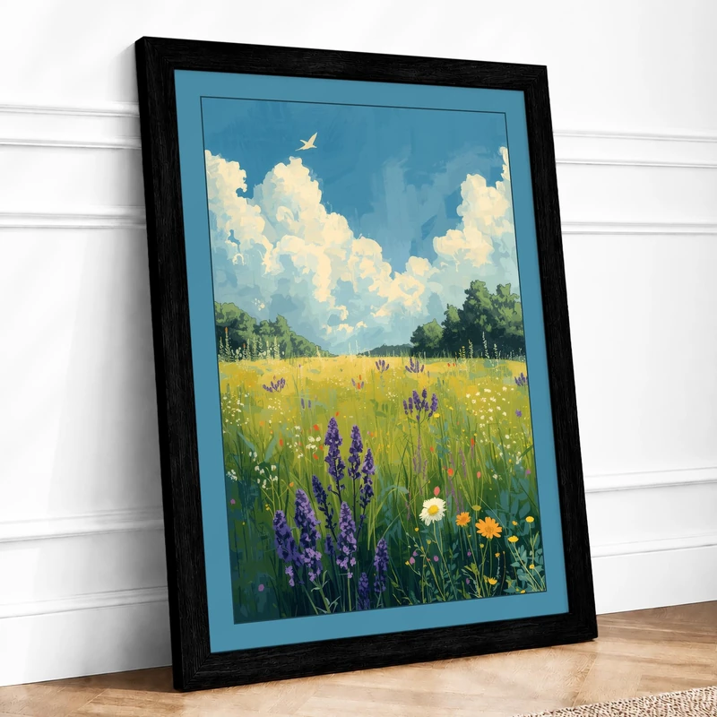 Wildflower Meadow Landscape Framed Wall Art Print A1 (84.1×59.4cm) Black, Wall Decor for Living Room, Bedroom, Office & Home, Ready to Hang, Art Gift