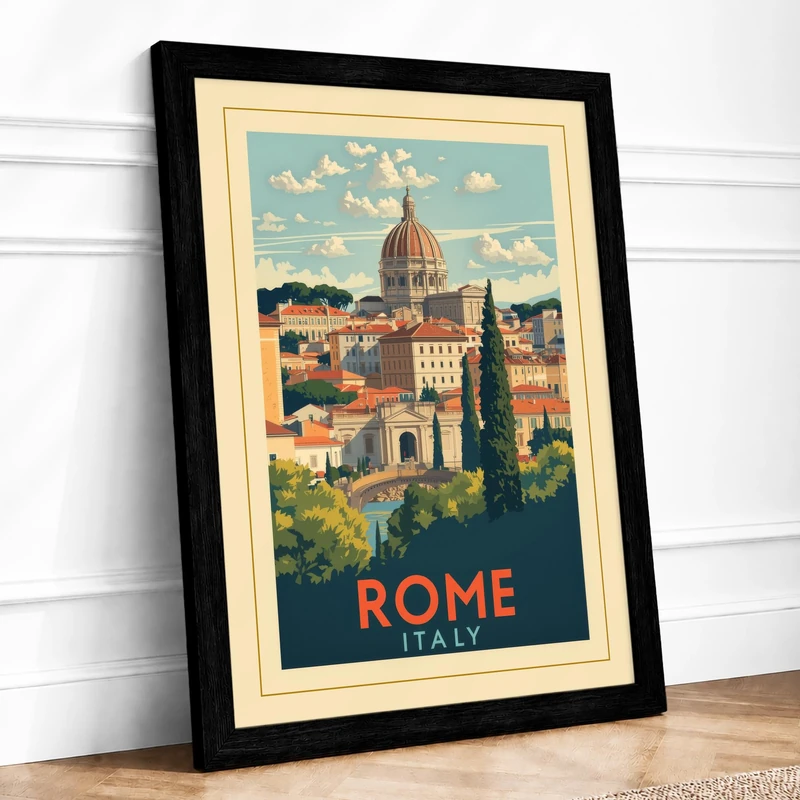 Postcard from Rome Vintage Framed Wall Art Print A1 (84.1×59.4cm) Black, Wall Decor for Living Room, Bedroom, Office & Home, Ready to Hang, Art Gift - Image 1