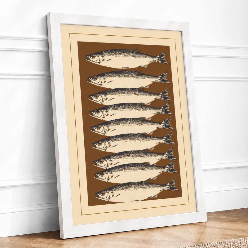 Seven Silvery Fish Botanical Framed Wall Art Print A1 (84.1×59.4cm) White, Wall Decor for Living Room, Bedroom, Office & Home, Ready to Hang, Art Gift - Image 1