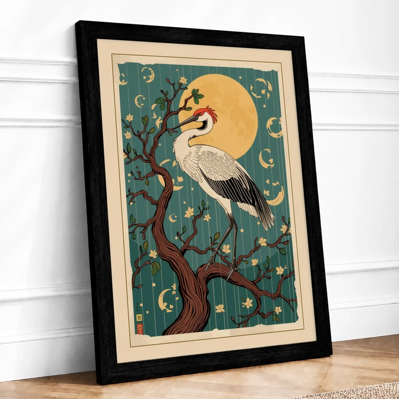 Crane Under Moon Japandi Framed Wall Art Print A1 (84.1×59.4cm) Black, Wall Decor for Living Room, Bedroom, Office & Home, Ready to Hang, Art Gift - Image 1