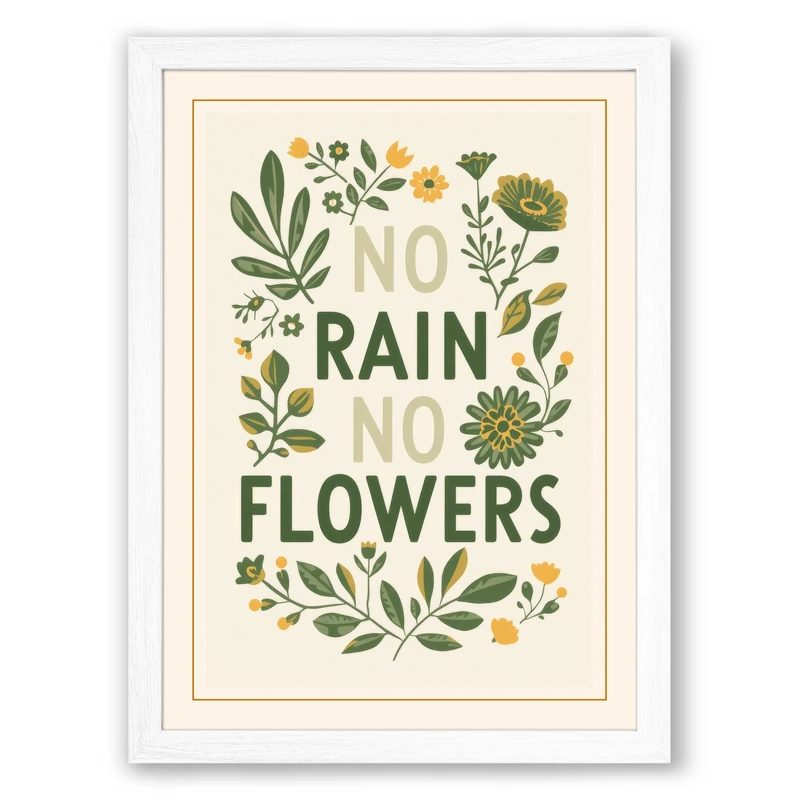 No Rain No Flowers Botanical Framed Wall Art Print A1 (84.1×59.4cm) White, Wall Decor for Living Room, Bedroom, Office & Home, Ready to Hang, Art Gift - Image 1
