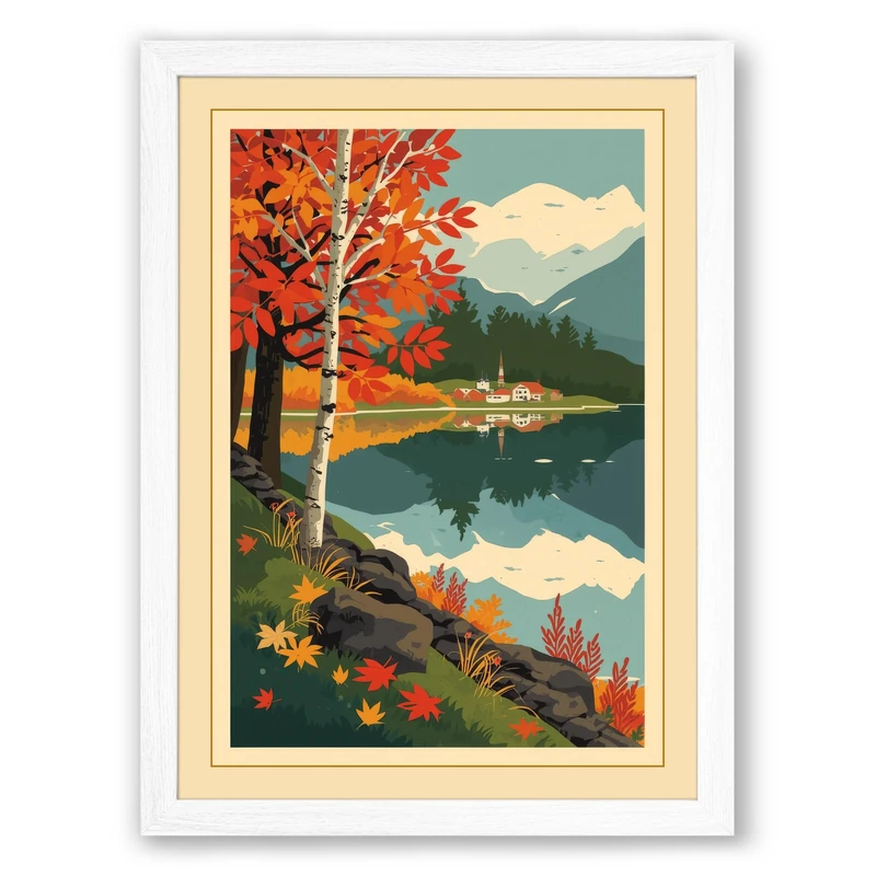 Mountain Lake in Autumn Vintage Framed Wall Art Print A1 (84.1×59.4cm) White, Wall Decor for Living Room, Bedroom, Office & Home, Ready to Hang, Art Gift - Image 1