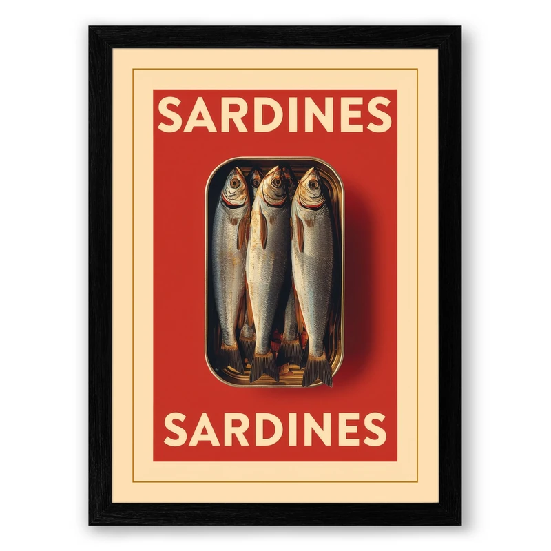 Sardines Poster Vintage Framed Wall Art Print A1 (84.1×59.4cm) Black, Wall Decor for Living Room, Bedroom, Office & Home, Ready to Hang, Art Gift