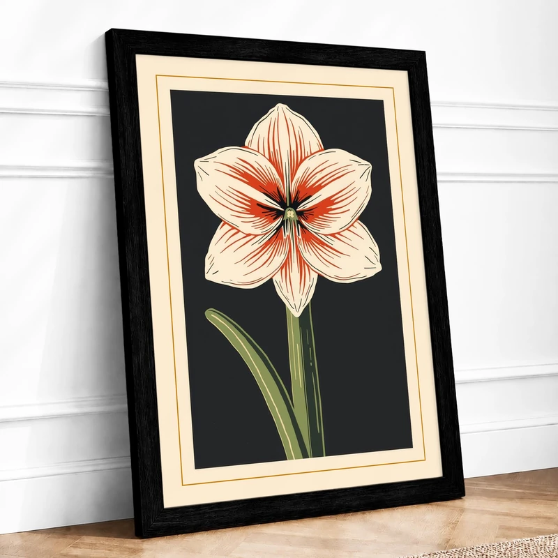 Amaryllis Bloom Botanical Framed Wall Art Print A1 (84.1×59.4cm) Black, Wall Decor for Living Room, Bedroom, Office & Home, Ready to Hang, Art Gift