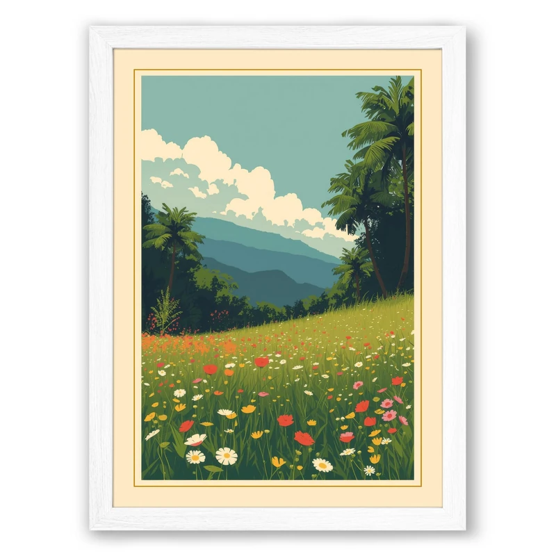 Wildflower Meadow Vintage Framed Wall Art Print A1 (84.1×59.4cm) White, Wall Decor for Living Room, Bedroom, Office & Home, Ready to Hang, Art Gift