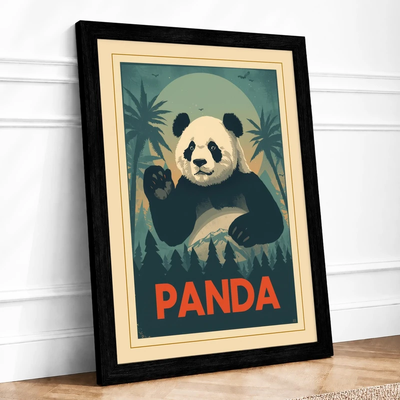Panda in Palms Vintage Framed Wall Art Print A1 (84.1×59.4cm) Black, Wall Decor for Living Room, Bedroom, Office & Home, Ready to Hang, Art Gift