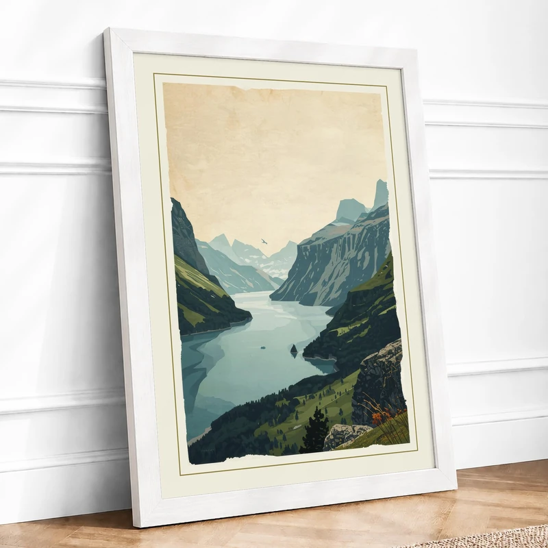 Glacial Lake in Mountains Vintage Framed Wall Art Print A1 (84.1×59.4cm) White, Wall Decor for Living Room, Bedroom, Office & Home, Ready to Hang, Art Gift