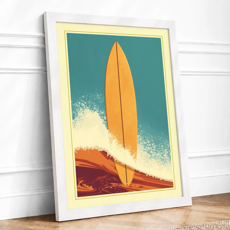Surfboard and Wave Retro Framed Wall Art Print A1 (84.1×59.4cm) White, Wall Decor for Living Room, Bedroom, Office & Home, Ready to Hang, Art Gift - Image 1