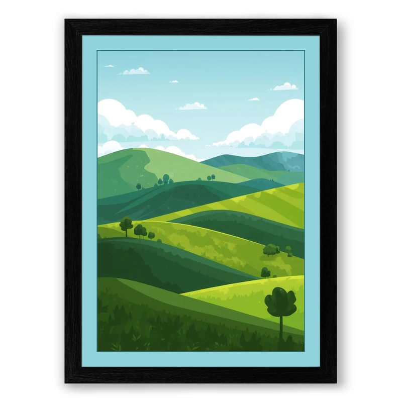 Rolling Green Landscape Modern Framed Wall Art Print A1 (84.1×59.4cm) Black, Wall Decor for Living Room, Bedroom, Office & Home, Ready to Hang, Art Gift - Image 1