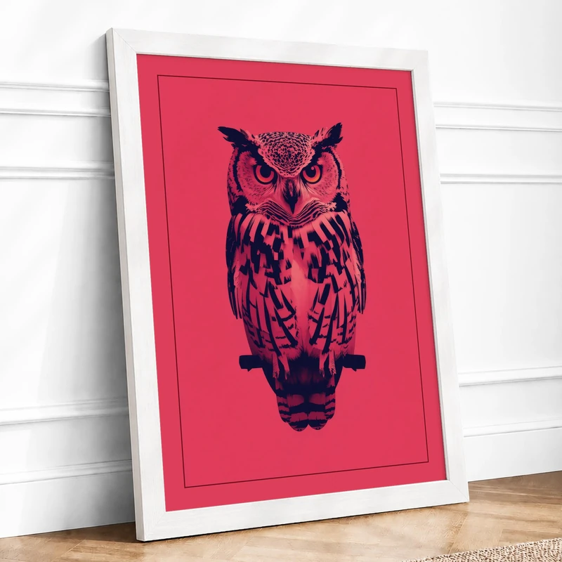 Watchful Owl Modern Framed Wall Art Print A1 (84.1×59.4cm) White, Wall Decor for Living Room, Bedroom, Office & Home, Ready to Hang, Art Gift