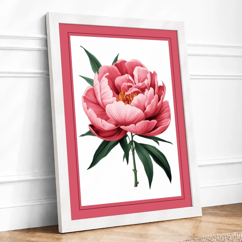 Pink Peony Bloom Botanical Framed Wall Art Print A1 (84.1×59.4cm) White, Wall Decor for Living Room, Bedroom, Office & Home, Ready to Hang, Art Gift