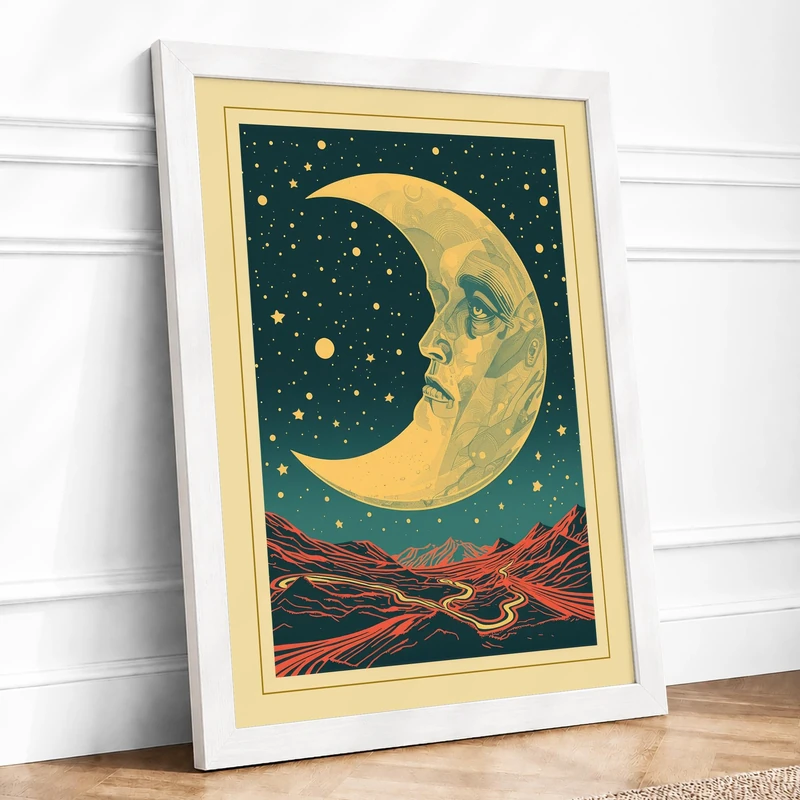 Moonlit Landscape Vintage Framed Wall Art Print A1 (84.1×59.4cm) White, Wall Decor for Living Room, Bedroom, Office & Home, Ready to Hang, Art Gift