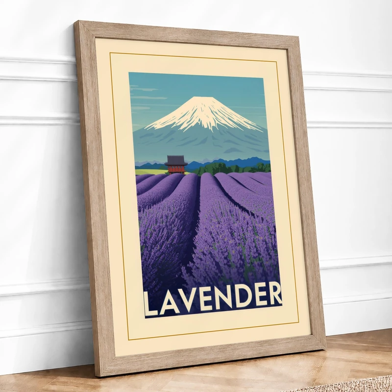 Lavender Fields at Dawn Vintage Framed Wall Art Print A1 (84.1×59.4cm) Oak, Wall Decor for Living Room, Bedroom, Office & Home, Ready to Hang, Art Gift