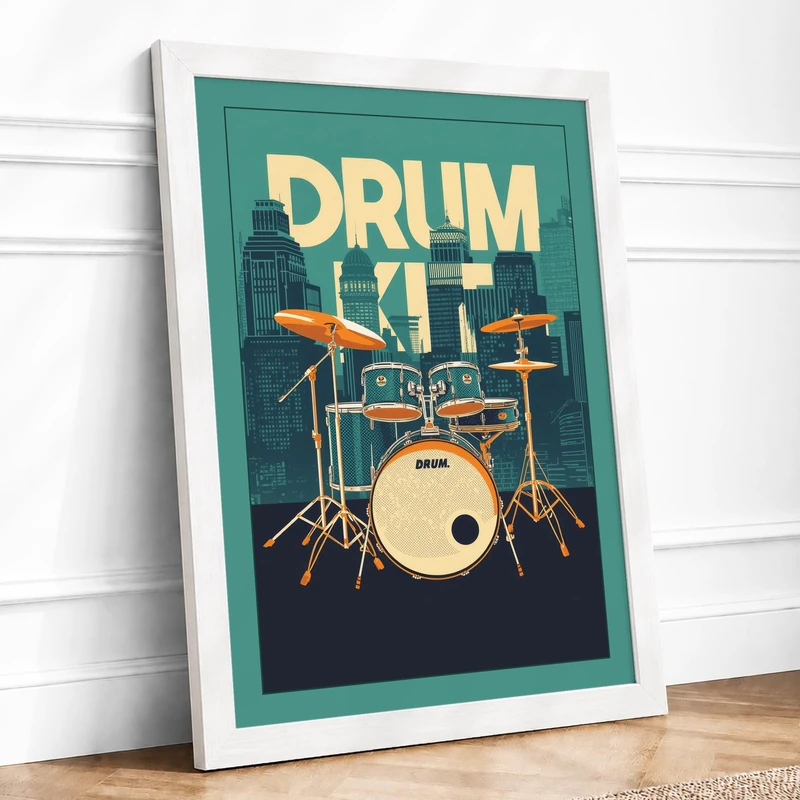 Urban Drum Kit Modern Framed Wall Art Print A1 (84.1×59.4cm) White, Wall Decor for Living Room, Bedroom, Office & Home, Ready to Hang, Art Gift