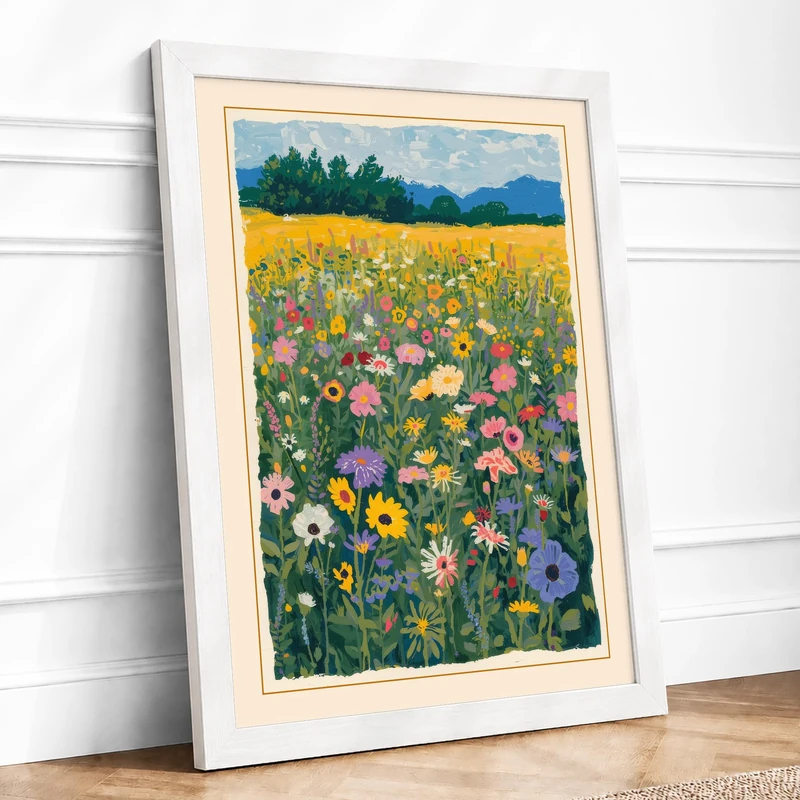 Wildflower Meadow Botanical Framed Wall Art Print A1 (84.1×59.4cm) White, Wall Decor for Living Room, Bedroom, Office & Home, Ready to Hang, Art Gift