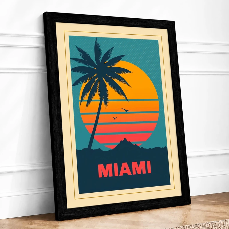 Postcard from Miami Vintage Framed Wall Art Print A1 (84.1×59.4cm) Black, Wall Decor for Living Room, Bedroom, Office & Home, Ready to Hang, Art Gift