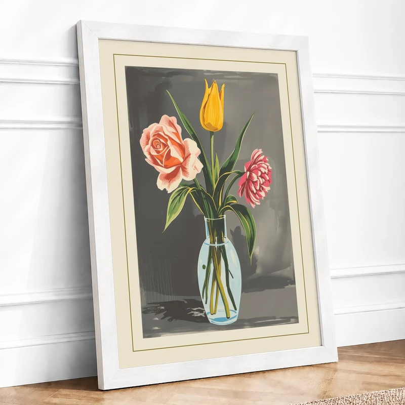 Roses and Tulip in Glass Botanical Framed Wall Art Print A1 (84.1×59.4cm) White, Wall Decor for Living Room, Bedroom, Office & Home, Ready to Hang, Art Gift