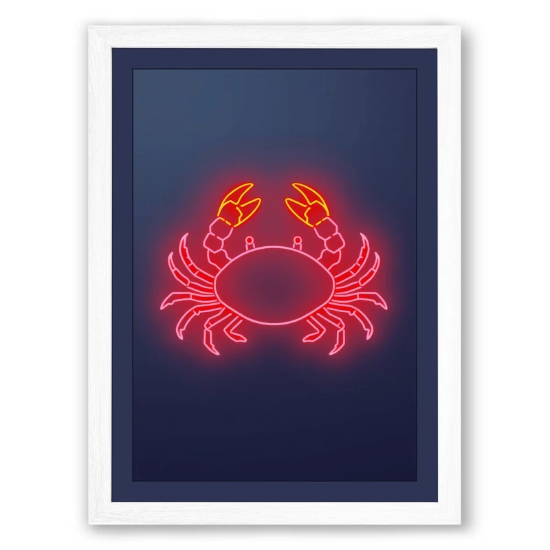 Neon Crab Modern Framed Wall Art Print A1 (84.1×59.4cm) White, Wall Decor for Living Room, Bedroom, Office & Home, Ready to Hang, Art Gift