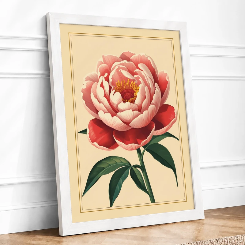 Blooming Peony Botanical Framed Wall Art Print A1 (84.1×59.4cm) White, Wall Decor for Living Room, Bedroom, Office & Home, Ready to Hang, Art Gift