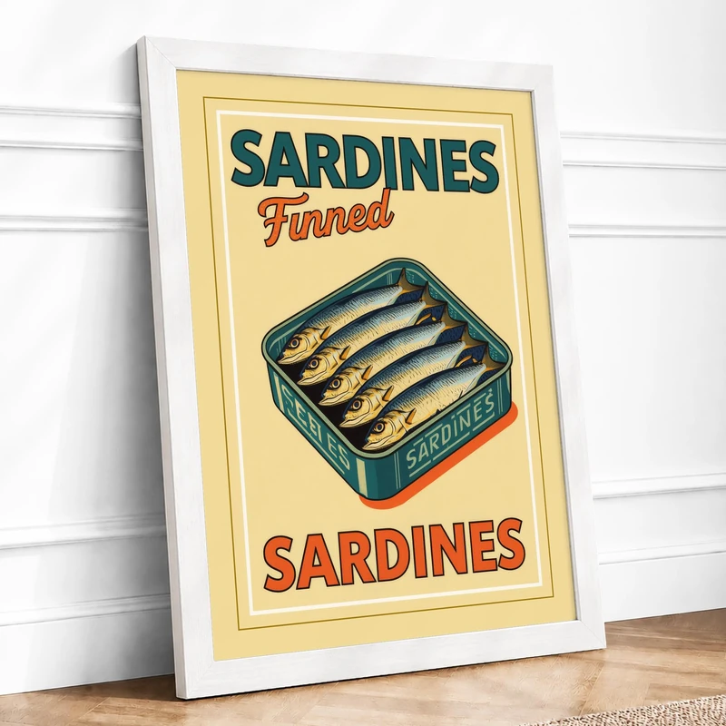 Sardine Label Vintage Framed Wall Art Print A1 (84.1×59.4cm) White, Wall Decor for Living Room, Bedroom, Office & Home, Ready to Hang, Art Gift