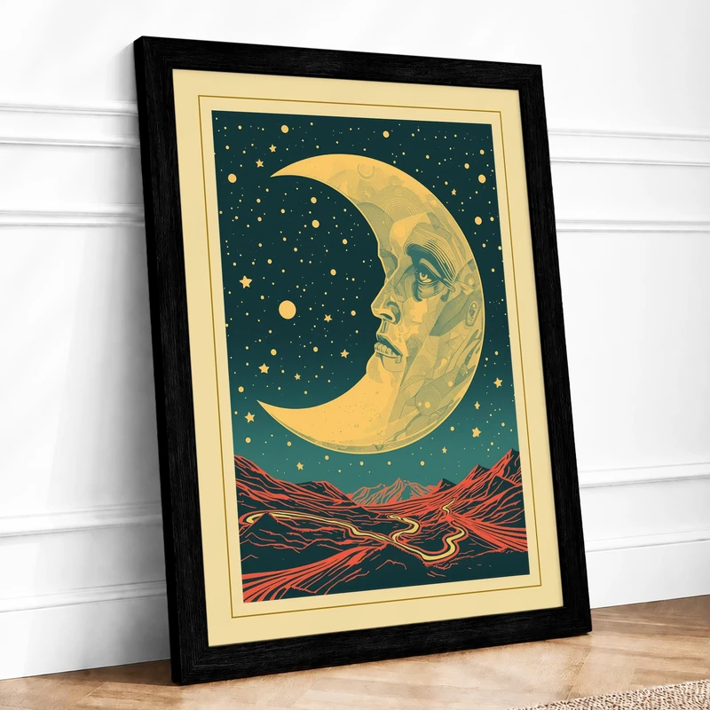 Moonlit Landscape Vintage Framed Wall Art Print A1 (84.1×59.4cm) Black, Wall Decor for Living Room, Bedroom, Office & Home, Ready to Hang, Art Gift