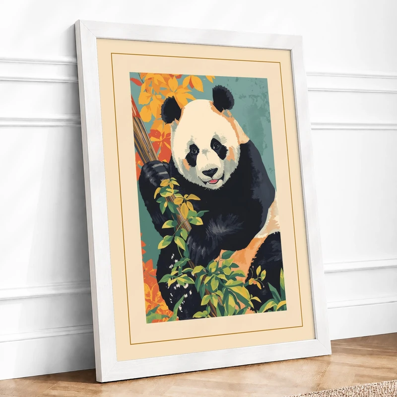 Panda with Bamboo Japandi Framed Wall Art Print A1 (84.1×59.4cm) White, Wall Decor for Living Room, Bedroom, Office & Home, Ready to Hang, Art Gift