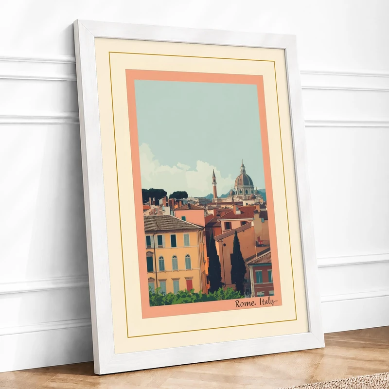 Postcard from Rome Vintage Framed Wall Art Print A1 (84.1×59.4cm) White, Wall Decor for Living Room, Bedroom, Office & Home, Ready to Hang, Art Gift